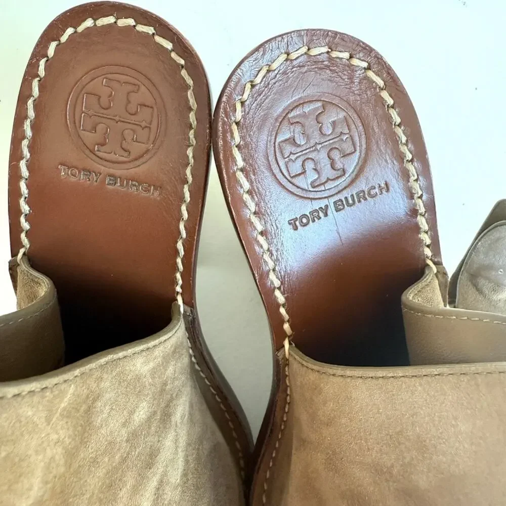 Tory Burch Gemini‎ Link Sandals Taupe Suede Block Heel Peep Toe Designer 7.5